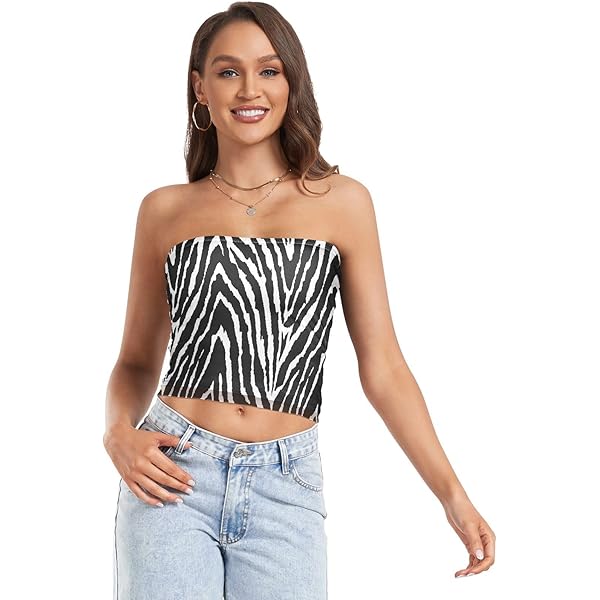 OTVEE Womens Tube Tops Animal Zebra Print Black White Skin